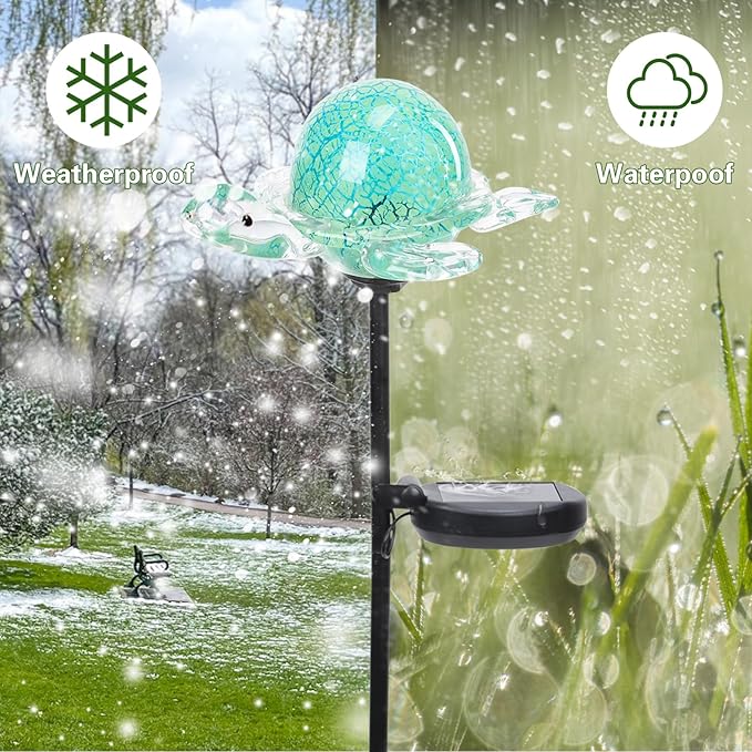 Afirst Decorative Solar Lights Outdoor Solar Turtle Stake Lights Hand Blown Glass Decorative Garden Pathway Light Outdoor Waterproof Glass Stakes Green