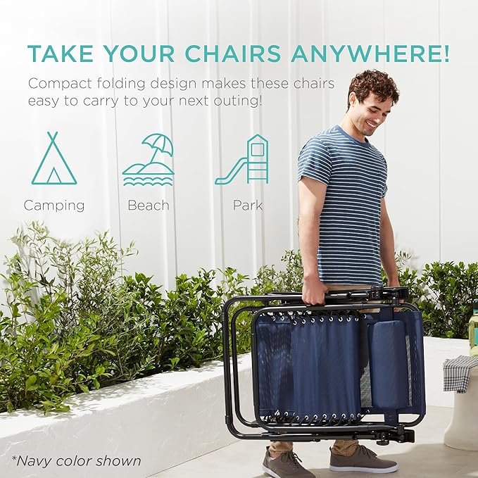 Best Choice Products Set of 2 Adjustable Steel Mesh Zero Gravity Lounge Chair Recliners w/Pillows and Cup Holder Trays - Mediterranean Blue Striped