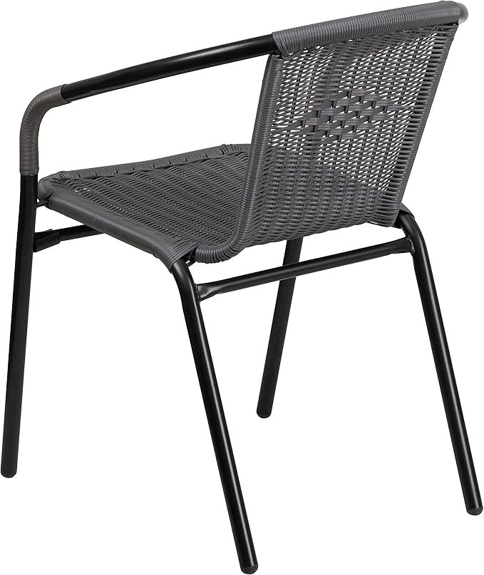 EMMA + OLIVER Set of 4 Modern Rattan Indoor/Outdoor Stack Chairs, Stacking Rattan Patio Chairs with Curved Back and Cross Bracing, Gray