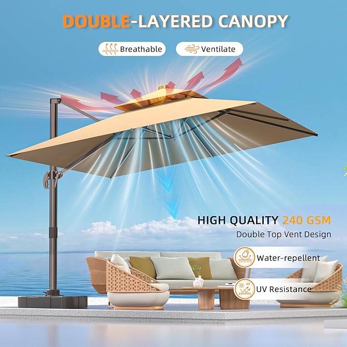 9' X 12' Cantilever Outdoor Patio Umbrellas with Base Included, Large Rectangle Umbrella Heavy Duty 360°Rotation Offset Umbrella for Garden Deck Pool Patio,Brown