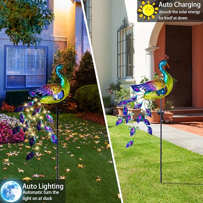 DREAMSOUL Solar Garden Lights Outdoor, Metal Peacock Decor Solar Lights Garden Stakes with Led String Lights, Waterproof Crackle Glass Ball Landscape Path Light for Lawn Patio