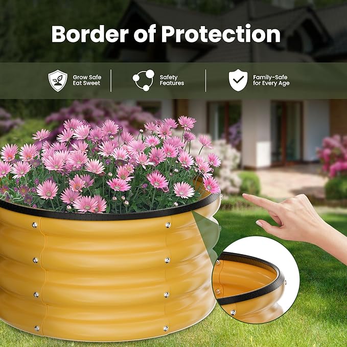 ZXZYHFTY Round Galvanized Raised Garden Bed kit,Yellow Outdoor Garden Raised Planter Box, Round Large Metal Raised Garden Beds for Vegetable 2 * 2 * 1ft 3 Pcs