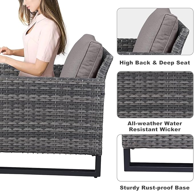 Patio Sectional Furniture Set with Fire Pit Table: 10 Pieces Wicker Patio Conversation Set with L Shaped Sofa, Outdoor Swivel Glider Rocker, Rattan Club Chairs, Ottomans, Removable Cushions Grey