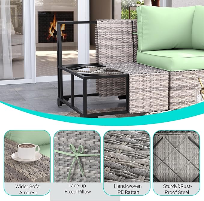 15-Piece Outdoor Patio Furniture Set with Rocking Swivel Chair Wicker Sectional Sofa Set, Patio Conversation Set with Thickened Cushions & Coffee Table for Garden, Backyard, Light Green