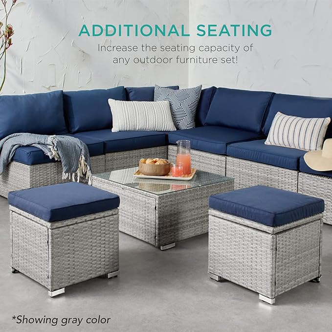 Best Choice Products Set of 2 Wicker Ottomans, Multipurpose Outdoor Furniture for Patio, Backyard, Additional Seating, Footrest, Side Table w/Storage, Removable Cushions - Natural/Ivory