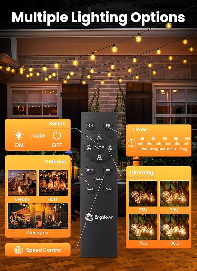Brightown 108FT 52 LED Solar String Lights Outdoor with Remote & USB Port, Shatterproof Bulbs, Dimmable & Timable, 3 Light Modes, Patio Lights Solar Powered for Camping Backyard Garden Decor