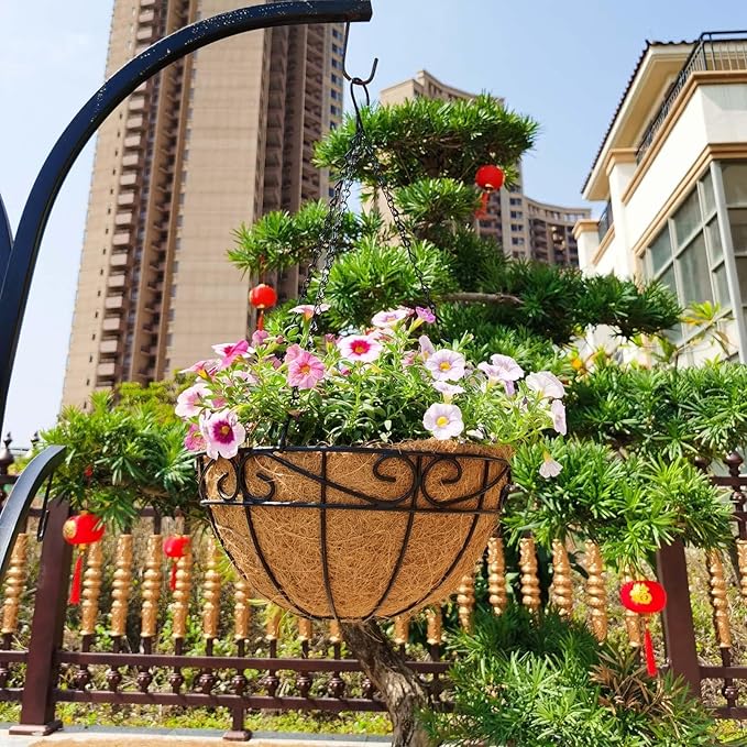 Outdoor Metal Hanging Planters Basket (2pack, 12 inch) Hanging Baskets for Plants Chain Round Wire Plant Holder with Coco Fiber Liners for Garden, Patio, Deck, Porch(Flower Border)