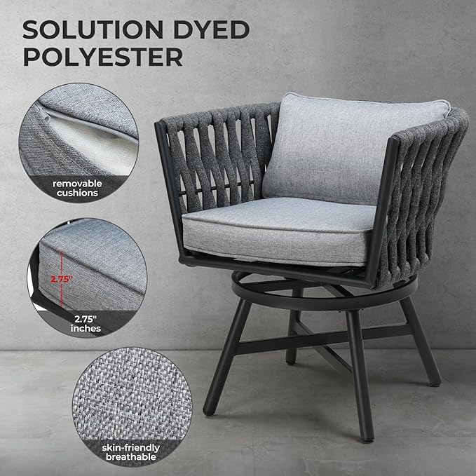 Grand patio 9-Piece Outdoor Dining Set for 8, Patio Dining Furniture Set for 8 Swivel Rope Wicker Chairs & 1 Expandable Rectangular Dining Table, Dark Grey