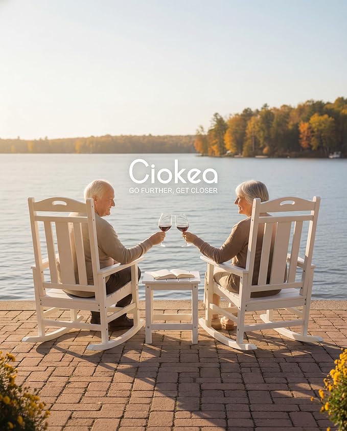 Ciokea Oversized Outdoor Rocking Chairs Set of 3, 380lbs Heavy-Duty Large Patio Rocker, High Back Cozy Porch Chairs, Weather Resistant Patio Rocking Chairs for Outside, Fire Pit, Deck, White