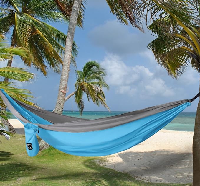 Gold Armour Camping Hammock - XL Double Hammock Portable Hammock Camping Accessories Gear for Outdoor Indoor with Tree Straps, USA Based Brand (Sky Blue and Gray)