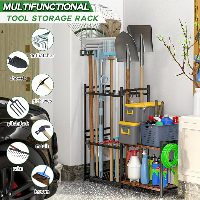 Garage Tool Organizer with 2-tier Wooden Shelves, Yard Tool Organizer for Garage with 6 Hooks, Heavy duty Steel Garden Tool Rack Holds up to 35 Long Handled Yard tools for Storage, Black
