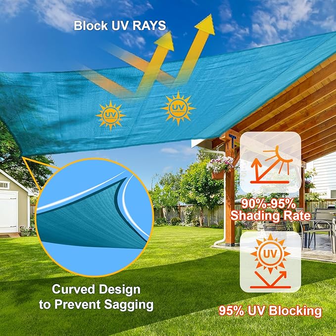 SUNLAX Sun Shade Sail 8' x 16' x 17.9' Turquoise Blue Rectangle Canopy Sail Shade Cover UV Block Permeable Sunshade Outdoor for Patio Backyard Deck Pergola (We Make Custom Size)