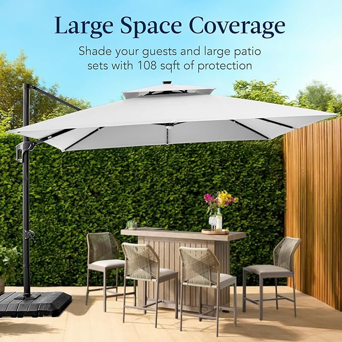 Best Choice Products 9x12ft LED Cantilever Patio Umbrella w/Base Included & 360° Rotation, Large Solar Offset Hanging Outdoor Sun Shade for Deck, Backyard Table w/Stand & Lights – Fog Gray