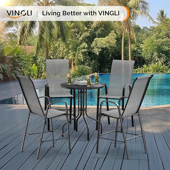 VINGLI Set of 6 Stackable Outdoor Bar Stools – Sling Chairs with High Back & Armrests, for Lawn, Garden, Bar, Grey