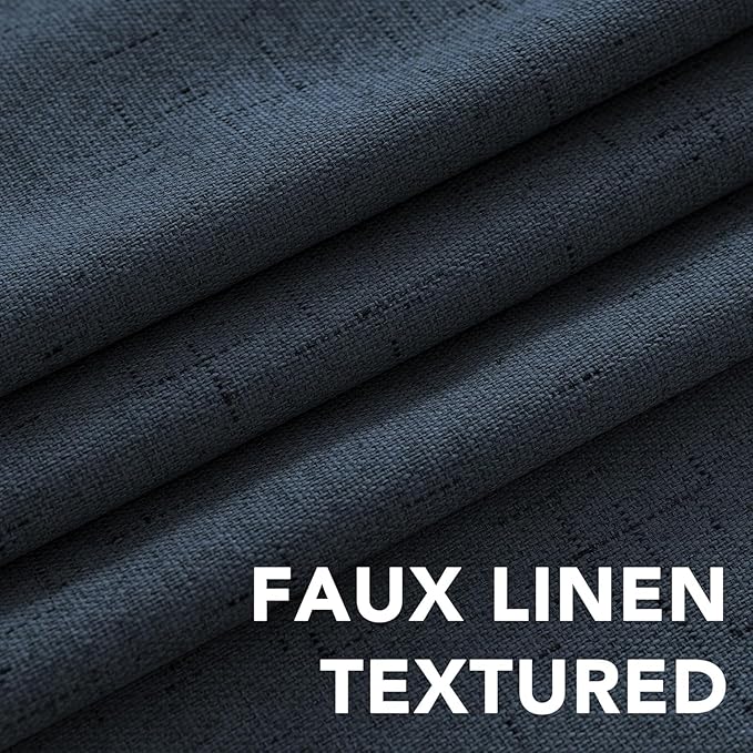 H.VERSAILTEX Linen Curtains 100% Blackout Curtains for Bedroom 102 inch Long Full Light Blocking Nature Linen Blended Window Curtains for Living Room Nickel Grommet (2 Panels, Navy)