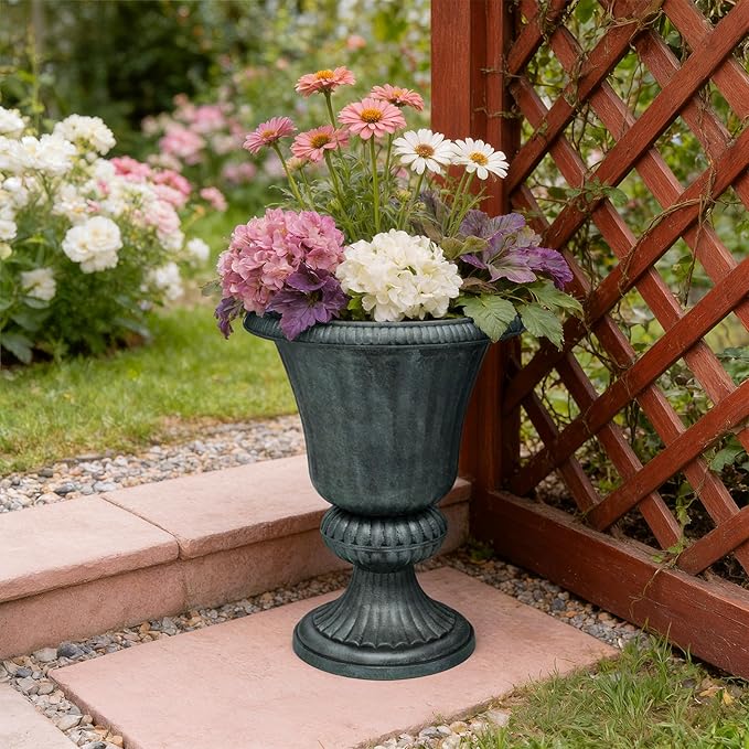 Athena Collection 20''H Bronze Garden Plastic Urn - Vintage Tall Large Planter for Indoor Outdoor Patio Porch, 2 Pieces Flower Pot, Dark Green