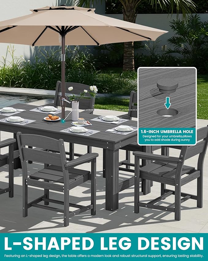 SERWALL Outdoor Dining Table Set, 67‘’ HDPE Patio Dining Set for 6, Outdoor Table and Chairs Set with 1.6-inch Umbrella Hole for Deck, Grey