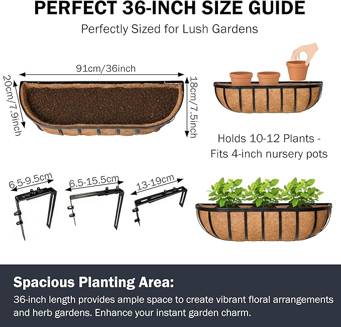 36“ Window Box Railing Planter with Coco Liner Metal Wall-Mounted Coconut Liner Planters Basket English Horse Trough Planter for Outdoor Deck Balcony Porch Fence Patio Black (4 Pack)