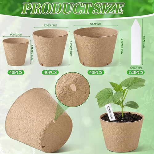 120 Pcs Round Peat Pots 2.4"+3.14"+4" Plant Starter Nursery Pot with Drainage Holes Garden Germination Seedling Pots with 120 Plant Labels for Indoor Outdoor Gardens