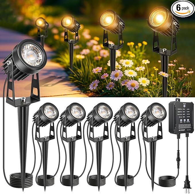 Plug and Play Low Voltage Landscape Lighting Kit, 6-Pack Wired Landscape Lights with Smart Transformer, Warm White Waterproof Outdoor LED SpotLights for Yard, Garden, Pathway, Tree