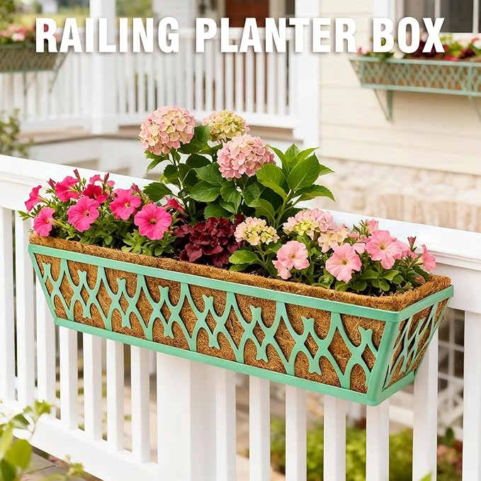 6 Pack 24 Inch Window Boxes Planters Railing Planter Box with Adjustable Brackets for Porch Fence Patio Balcony Hanging Flower Baskets with Coco Liners for Outdoor Garden Decor - Green