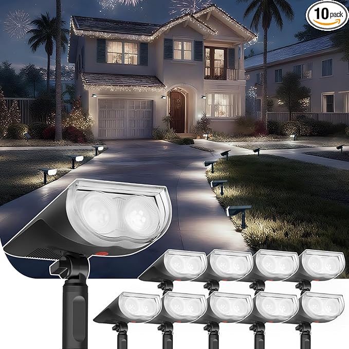 Linkind Solar Lights Outdoor StarRayS, Bright Solar Spot Lights Outdoor, IP67 Waterproof Spotlights for Garden Yard Landscape Walkway Patio Tree (Daylight, 10 Pack)