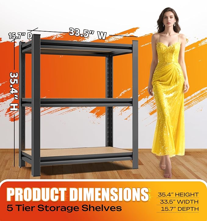 AOAORRG Set of 5 Garage Shelving Heavy Duty Storage Shelves, Metal Adjustable Shelving Unit, Utility Garage Organizer Shelf for Basement, Pantry, Kitchen, Warehouse, 15.7" Dx33.5 Wx35.4 H, Black