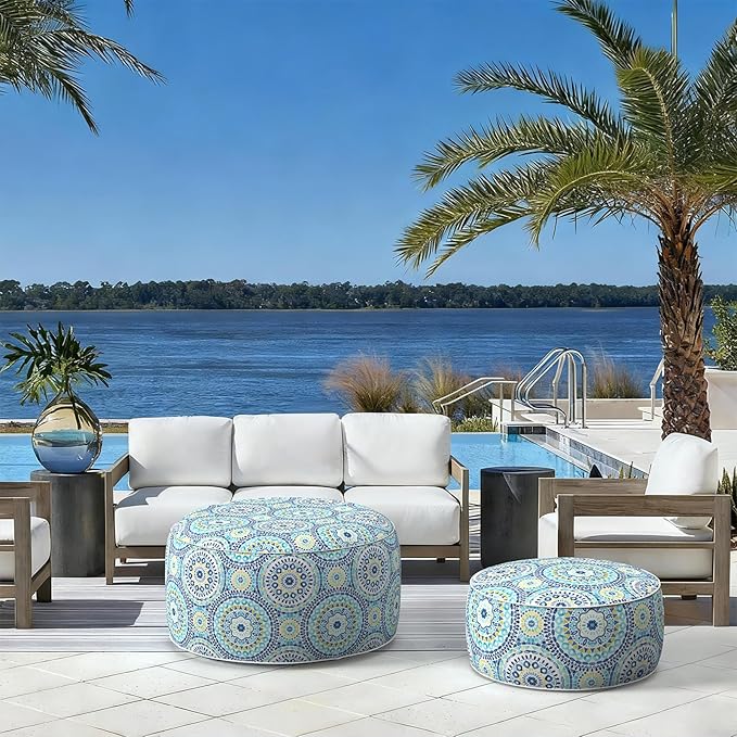 LVTXIII Indoor/Outdoor Inflatable Ottoman with Handle D21 x H9 Inch, Weather-Resistant Round Footstool Pouf for Patio Camping Living Room, Portable Footrest Extra Seating, Delancey Lagoon