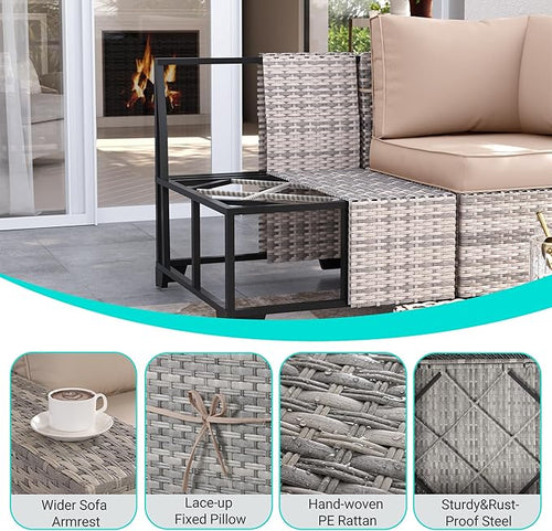 13-Piece Outdoor Patio Furniture Set with 55,000 BTU Fire Pit Table, PE Wicker Rattan Sectional Sofa Patio Conversation Set with Thickened Cushions & Coffee Table, Beige