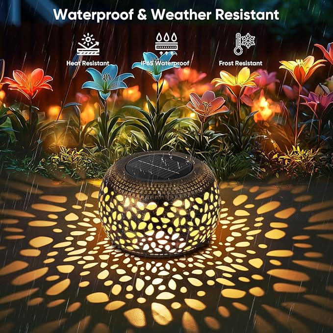Solar Lanterns Waterproof Outdoor Decor: 2 Pack Hollow Out Retro Metal Solar Lights - Unique Gardening Gifts for Women Mom - Outside Garden Yard Patio Porch Tabletop Decorations 2 Lighting Colors