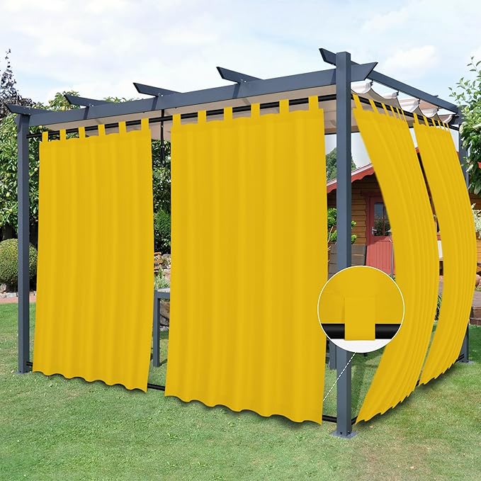 Easy-Going Outdoor Patio Curtains Detachable Tab Top Windproof Weatherproof Curtain for Cabana, Porch, Pergola and Gazebo, Tab Bottom Drape, 2 Panels, 54W x 84L inch, Yellow
