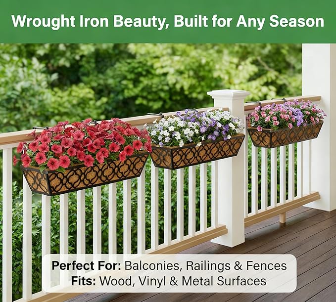 Y&M 24" Window Boxes Horse Trough with Coconut Coir Liner, 2pcs 24 Inch Window Deck with Coco Liner, Black Metal Hanging Flower Planter Window Basket Deck Railing Planter Boxes for Outdoor Indoor Lawn