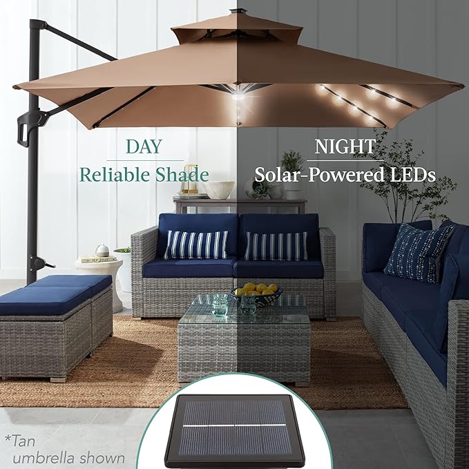 Best Choice Products 10x10ft Cantilever Patio Umbrella w/Base Included, Solar LED Lights 360 Rotation Large Offset Hanging Outdoor Shade for Deck Pool Backyard w/Stand – Red