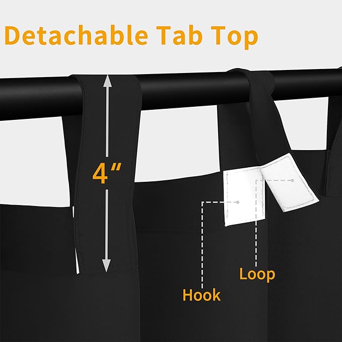 Easy-Going Outdoor Patio Curtains Detachable Tab Top Windproof Weatherproof Curtain for Cabana, Porch, Pergola and Gazebo, Tab Bottom Drape, 2 Panels, 110W x 120L inch, Black