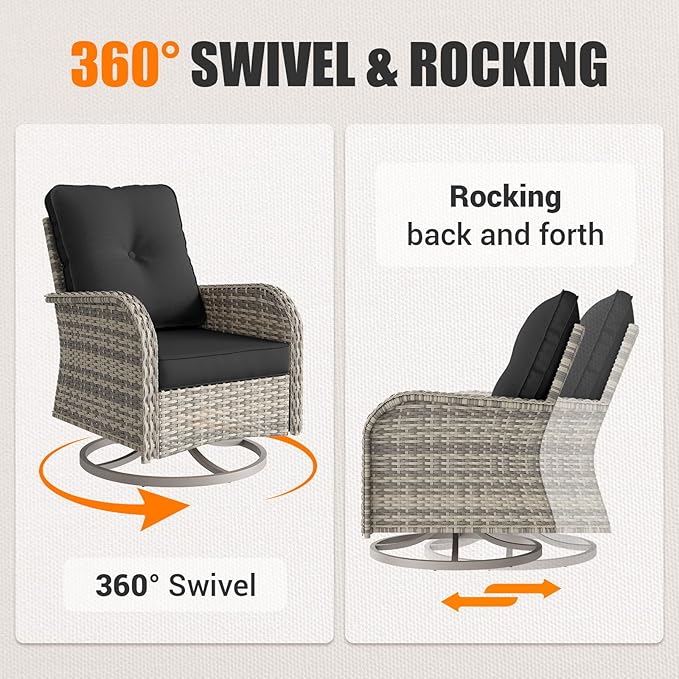 15-Piece Outdoor Patio Furniture Set with Rocking Swivel Chair Wicker Sectional Sofa Set, Patio Conversation Set with Thickened Cushions & Coffee Table for Garden, Backyard, Dark Grey