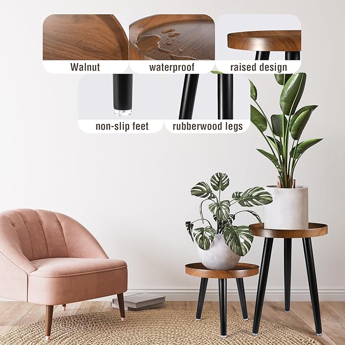 Indoor Plant Stand,Wood Mid Century Plant Table in Walnut Finish,Tall Plant Stand for Flower Pot,Modern Round Small Side End Table with Raised Design (Walnut, 12"x18" 2 Pack)