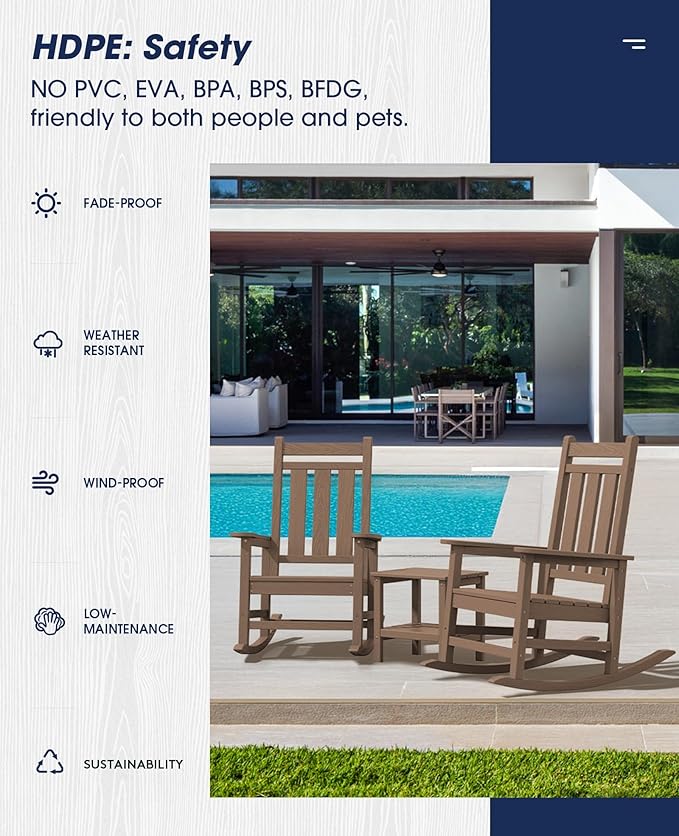 KINGYES Oversized Outdoor Rocking Chair Set of 8, All-Weather Patio Rocking Chairs for Porch, HDPE Outdoor Patio Rockers with High Back & Wide Seat for Garden, Lawn, Brown