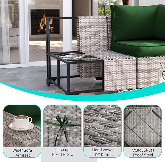 16-Piece Outdoor Patio Furniture Set with Rocking Swivel Chair, PE Wicker Rattan Sectional Sofa Patio Conversation Set with 55,000 BTU Fire Pit Table & Coffee Table, Green