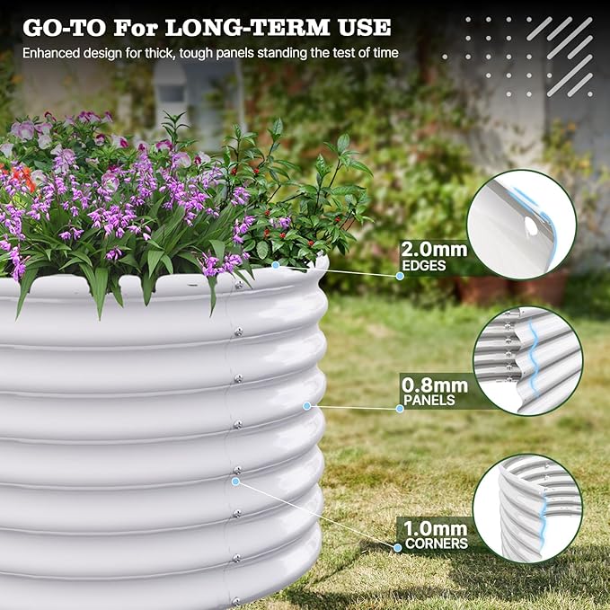 A ANLEOLIFE Set of 6 24 Inch Tall Antique White Raised Garden Beds Kit, Oval & Round Metal Planters – Ideal for Backyard Vegetables Flowers Herbs