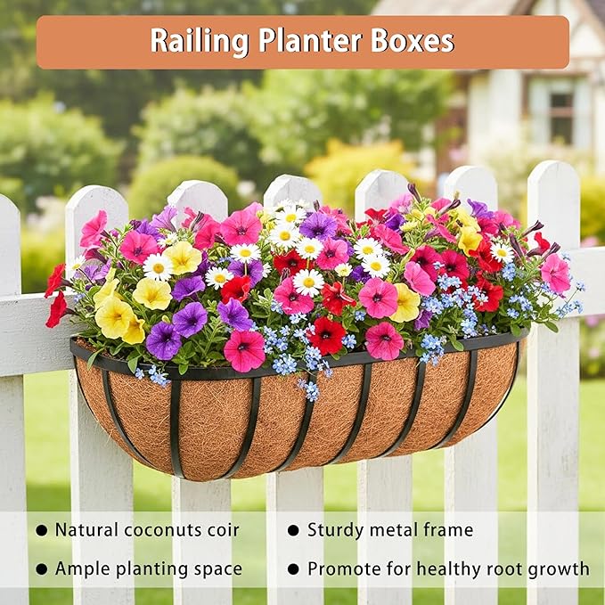 36'' Window Box Railing Planter with Coco Liner,4 Pack Horse Trough Planters Black Metal Hanging Flower Planters Basket for Porch Fence Patio Indoor Outdoor Lawn