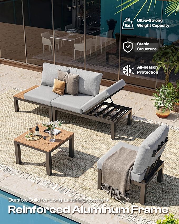 Aluminum Outdoor Patio Sofa Set, 2 Seats Modular Sectional Single Seat Sofa Chairs with Removable Cushions, All-Weather Outdoor Conversation Sets for Garden & Yard, Gray