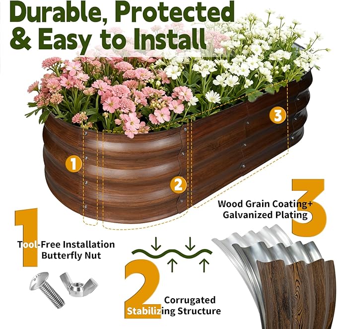 Galvanized Raised Garden Bed Outdoor, Large Raised Bed for Gardening, 4x2x1ft Oval Metal Planter Box for Vegetables, Fruits, Flowers, Dark Brown Wood Grain