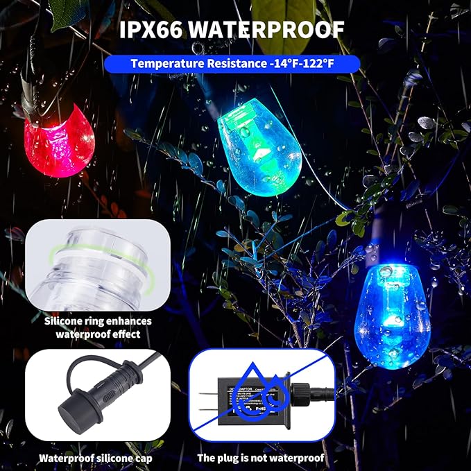 Outdoor String Lights 75FT, Outdoor Lights for Patio with 30 Dimmable RGBW LED Bulbs, IP66 Waterproof Shatterproof, with APP Control & Remote, 24V Adapter Color Change,for Backyard Decor