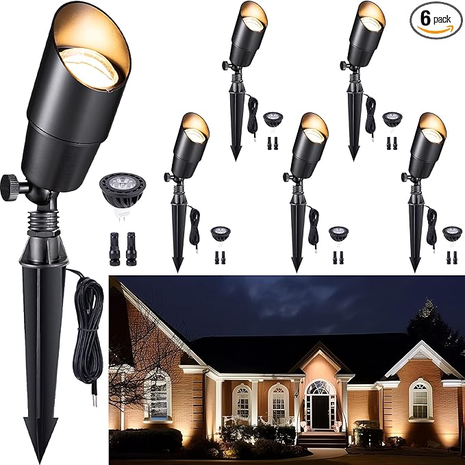 Gardenreet Solid Brass Spot Lights - Black Low Voltage Landscape Spotlight Outdoor, 12V LED Uplights Wired, Waterproof Electric for Patio Wall with 2700K Warm White MR16 Bulb (6 Pack)