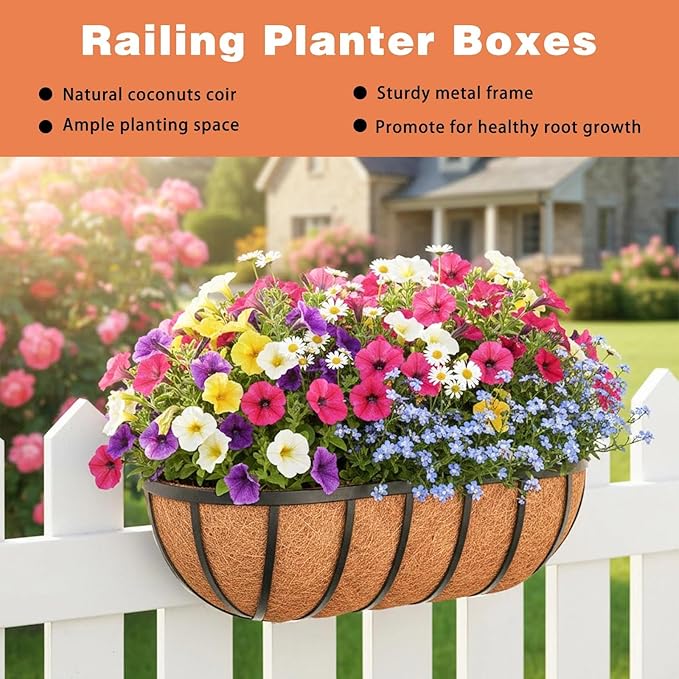 2 Pack 36" Railing Planter Window Box with Coco Fiber Liner Horse Trough Planter The Railing Planter Boxes for Deck Porch Fence Outdoor