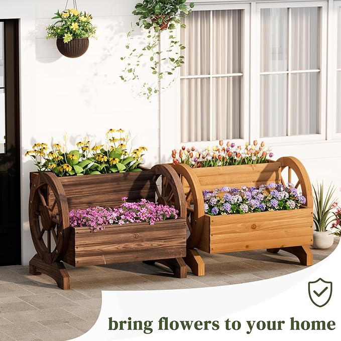 Wooden Wagon Planter Flower Cart with Wheels Garden Box Garden Planter, Decorative Planter for Flowers Herbs Vegetables for Indoor & Outdoor Décor Flower Cart for Patio Garden Balcony (Carbonized)