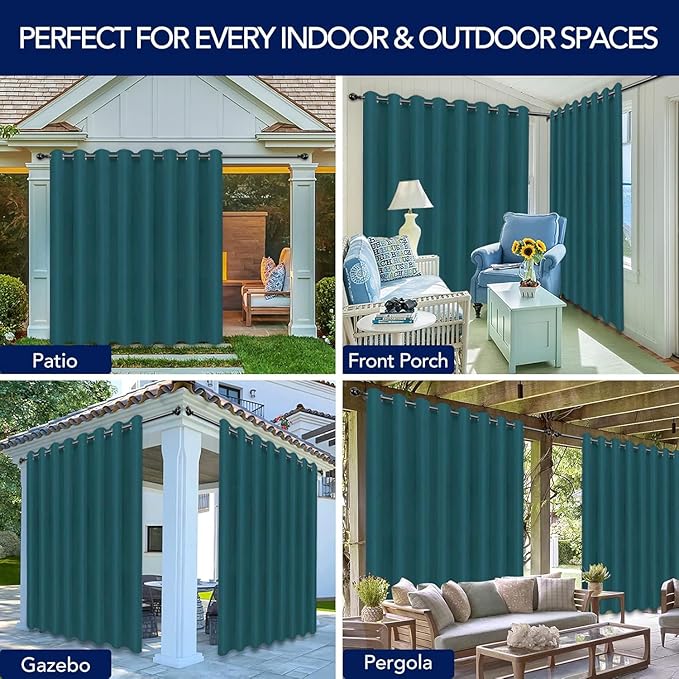 PureFit Outdoor Curtains for Patio Waterproof Weatherproof, UV Resistant Outside Curtains for Gazebo, Front Porch, Pergola, Sun Blocking Privacy Curtain, 120W x 108L inch, 1 Panel, Teal