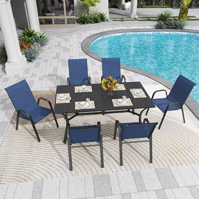 Patio Chairs, Stackable Outdoor Dining Chairs for All Weather Textilene Fabric & Metal Frame, Outdoor Chairs Set for Backyard Deck Garden (Dark Blue, Set of 4)