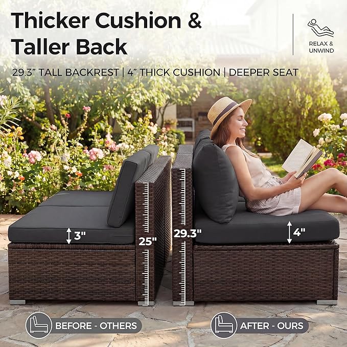NICESOUL 7 Piece Outdoor Patio Furniture Set with Fire Pit Table Natural Gas/Propane, Tall Wide Deep Sectional Couch Sofa for Outside, 29.3'' High Back Backyard Sitting, Brown Rattan and Black Cushion