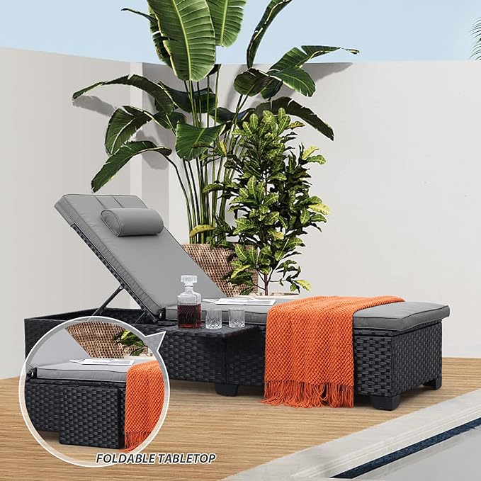 WAROOM Outdoor Chaise Lounge Chairs for Outside Patio Furniture Set of 2 Wicker Recliner Black Rattan Sunbathing Lounger Adjustable Backrest Pool Reclining Chair, Grey Cushion